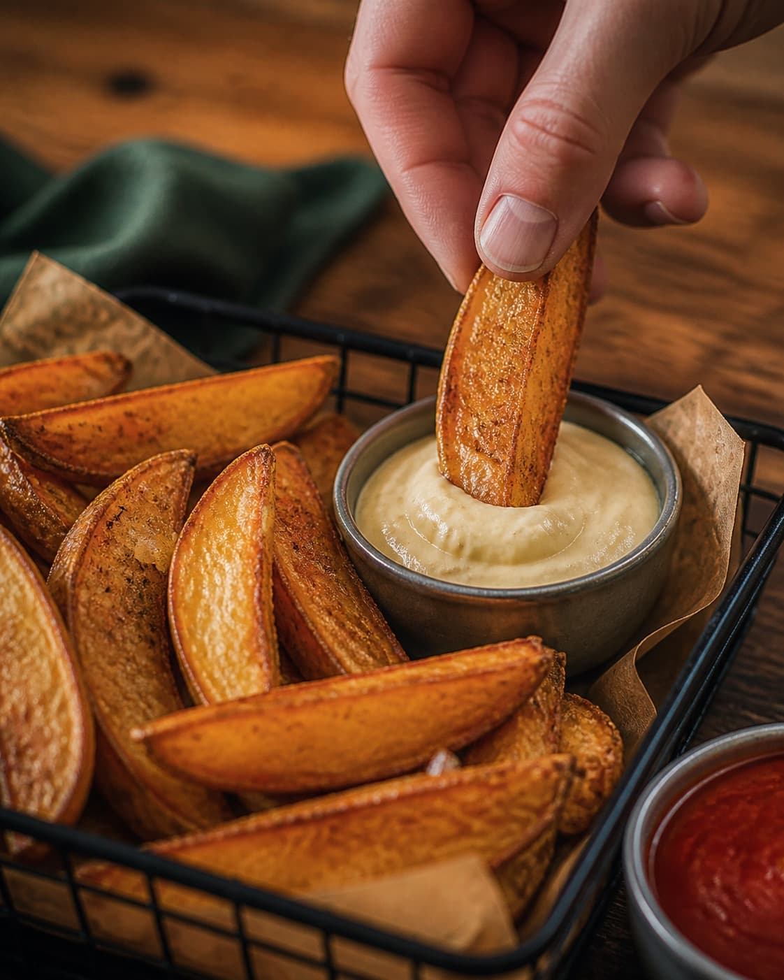 de grove pommes frites serveres varmt ved siden af citronaiolien under tilberedningen af grove pommes frites med rosmarin og citronaioli