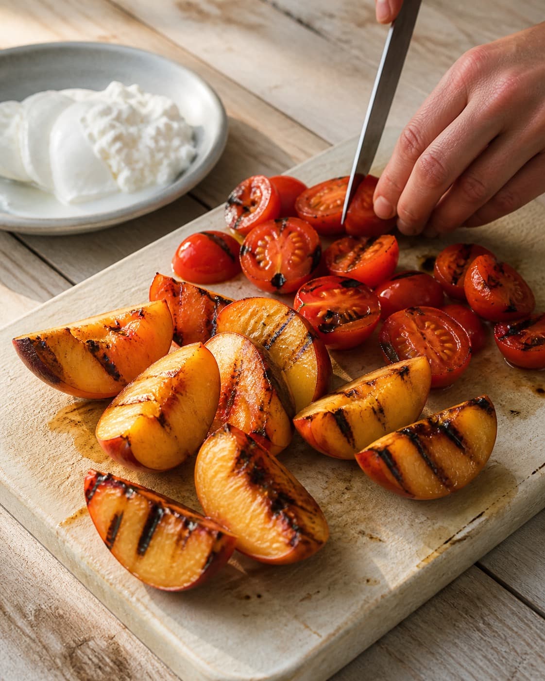 grillede ferskenbåde og tomater klargøres ensartet til ferskencapresen under tilberedningen af ferskencaprese med burrata, basilikum og pistacie