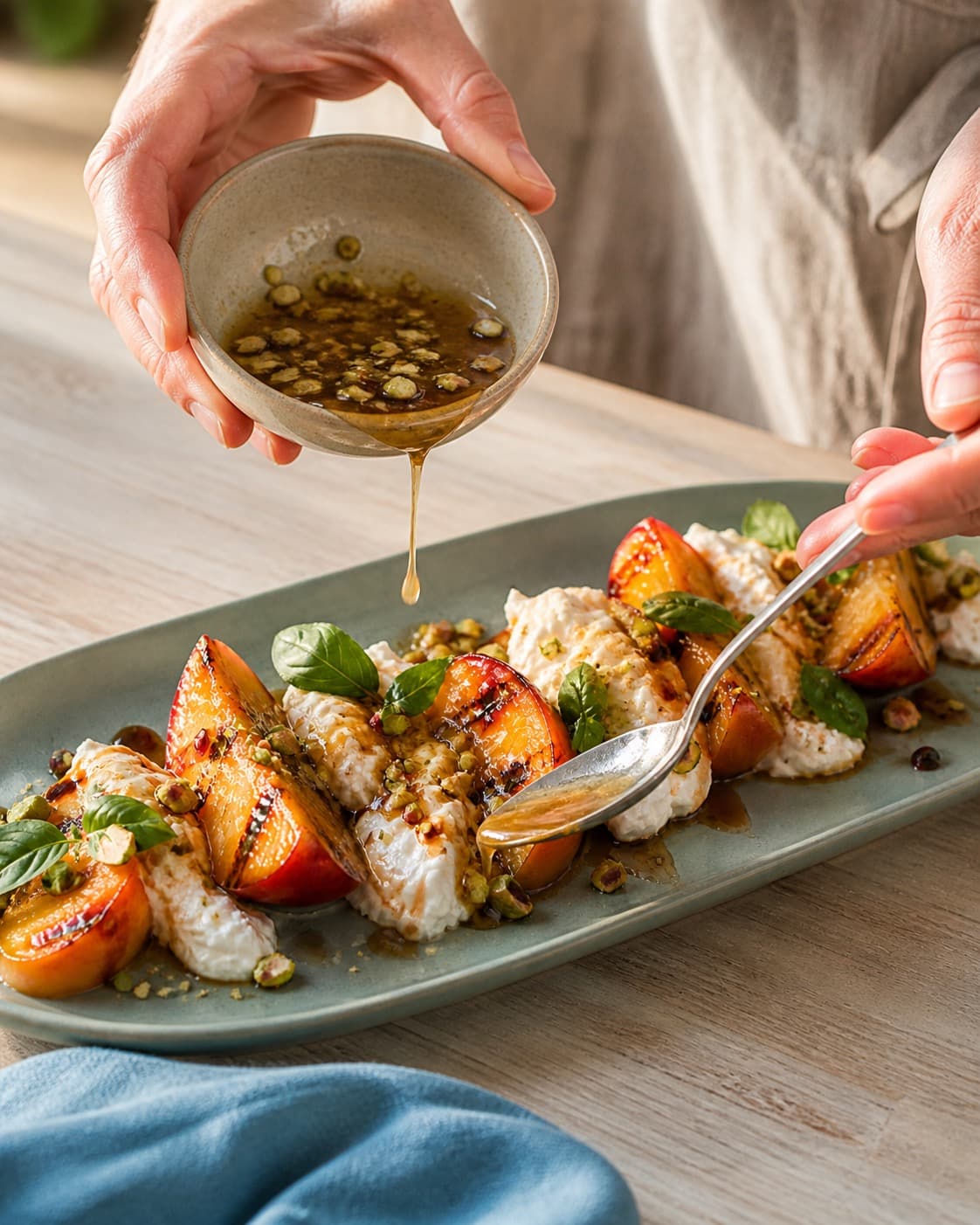 ferskencapresen vendes nænsomt med honning-citrondressingen under tilberedningen af ferskencaprese med burrata, basilikum og pistacie