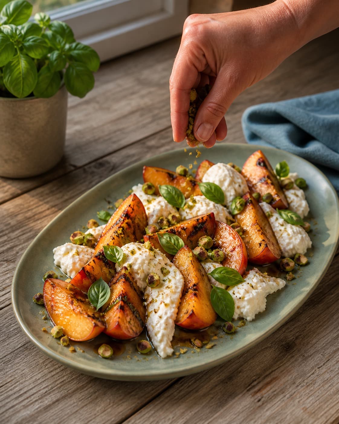 ferskencapresen anrettes luftigt med burrata, basilikum og pistacie under tilberedningen af ferskencaprese med burrata, basilikum og pistacie