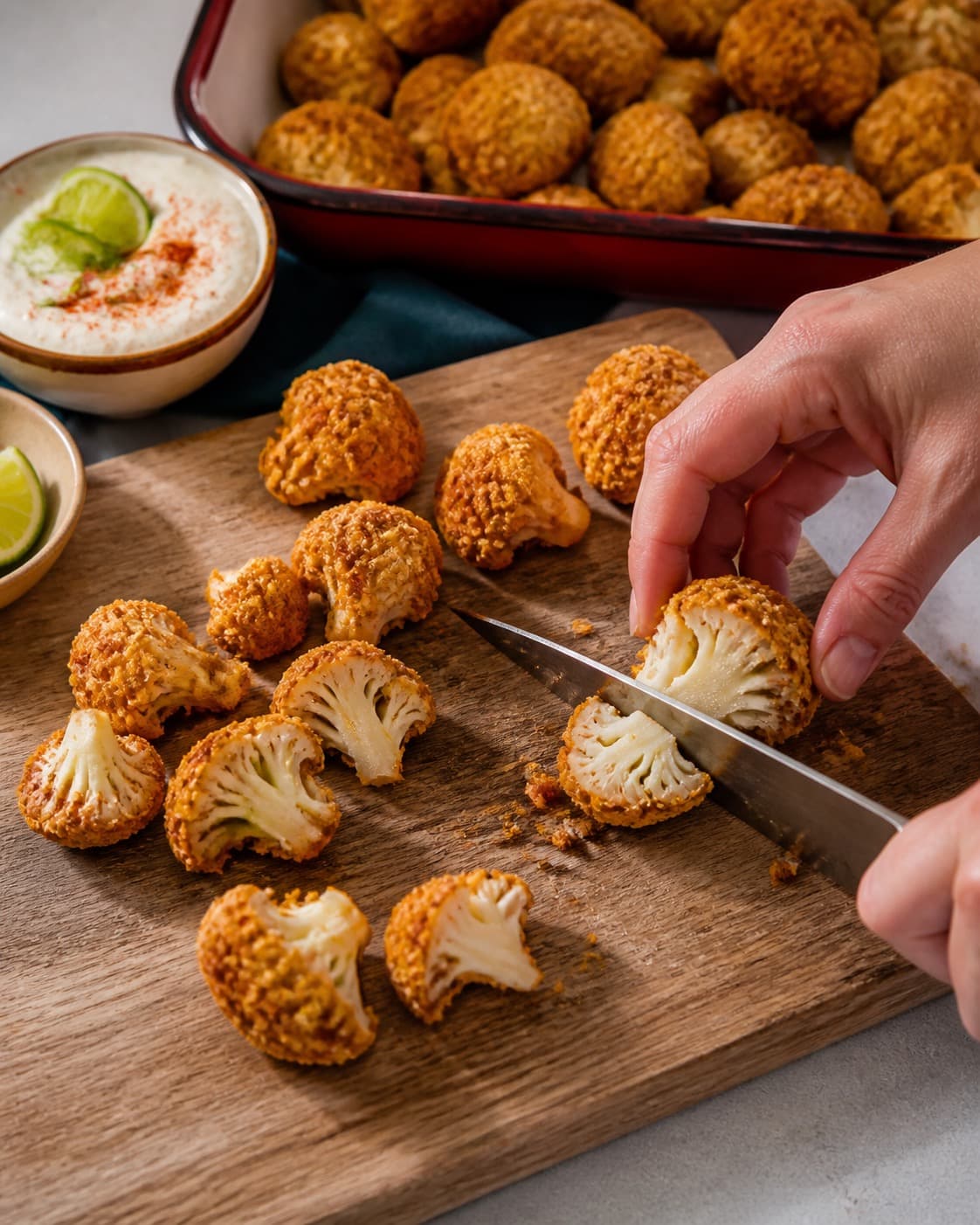blomkålsbuketterne deles i ens tørre portioner til blomkålsnuggetsene under tilberedningen af blomkålsnuggets med parmesan, havre og chilidip