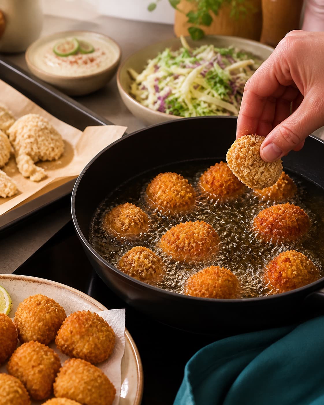 blomkålsnuggetsene tilberedes gyldent i små adskilte hold under tilberedningen af blomkålsnuggets med parmesan, havre og chilidip