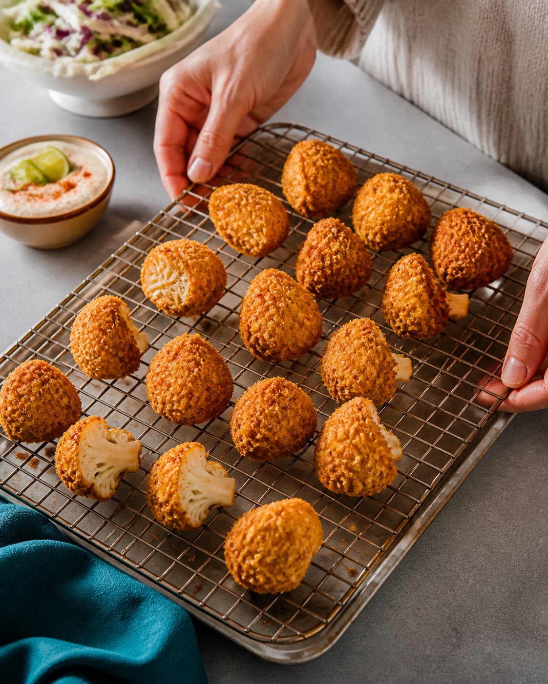 blomkålsnuggetsene drypper af i ét lag på en rist under tilberedningen af blomkålsnuggets med parmesan, havre og chilidip