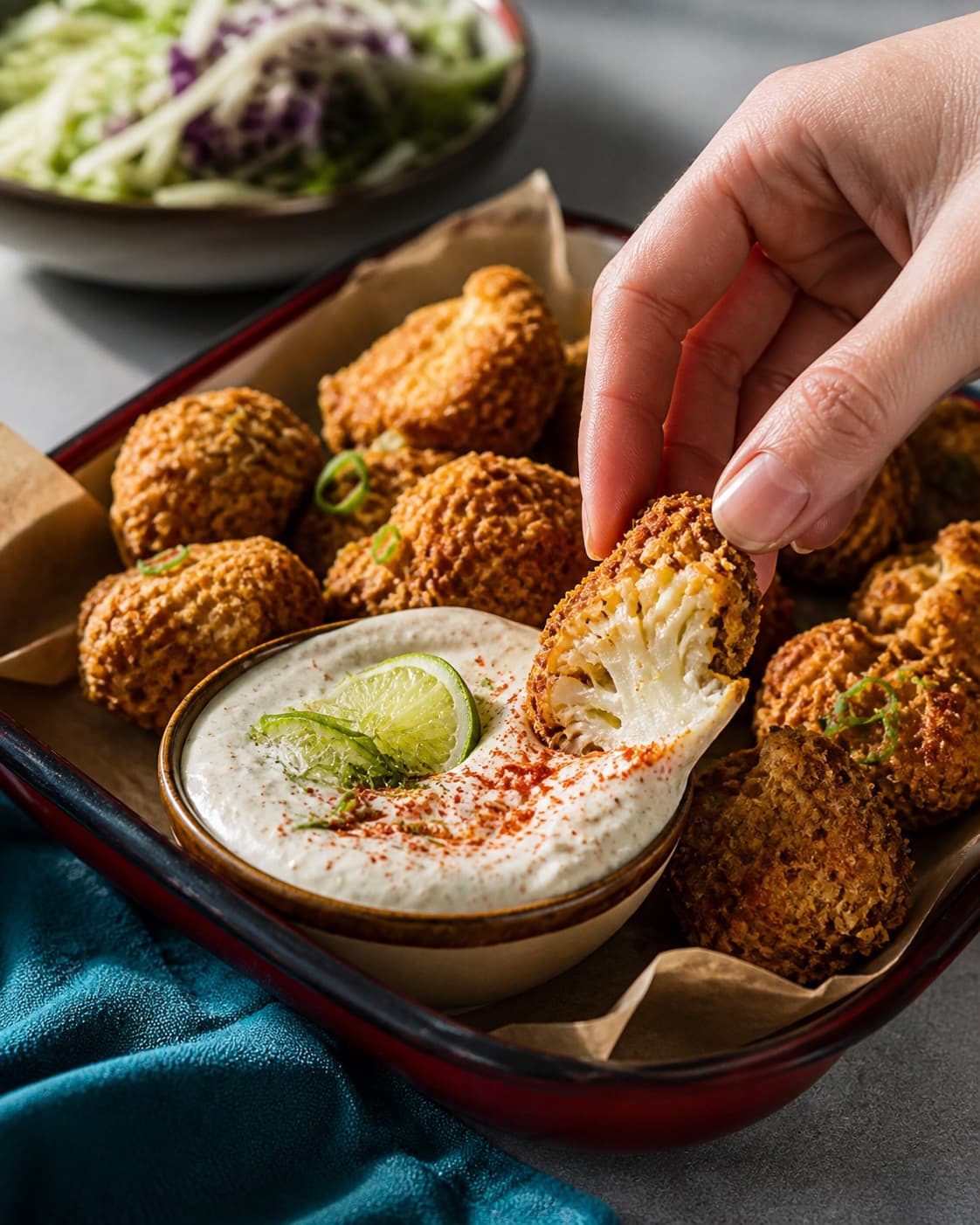 blomkålsnuggetsene serveres varmt ved siden af yoghurt-chilidippen under tilberedningen af blomkålsnuggets med parmesan, havre og chilidip