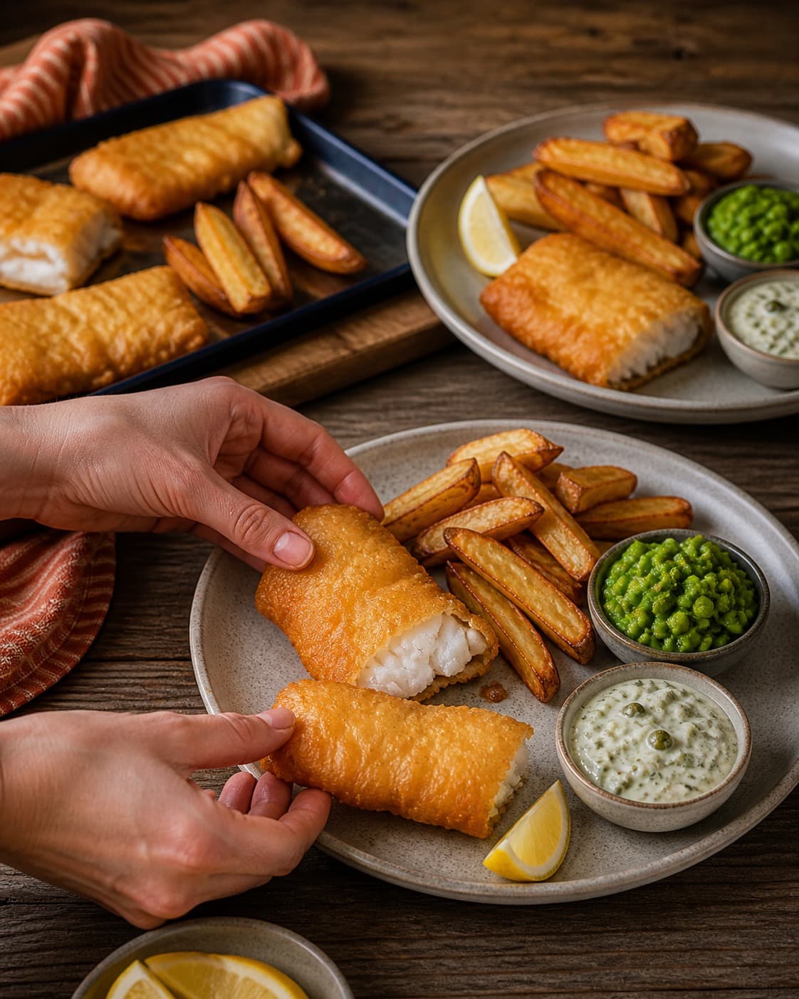 torskestykker og kartoffelstave deles i ens tørre portioner til fish and chips under tilberedningen af fish and chips med rugpanering og ærte-tatare