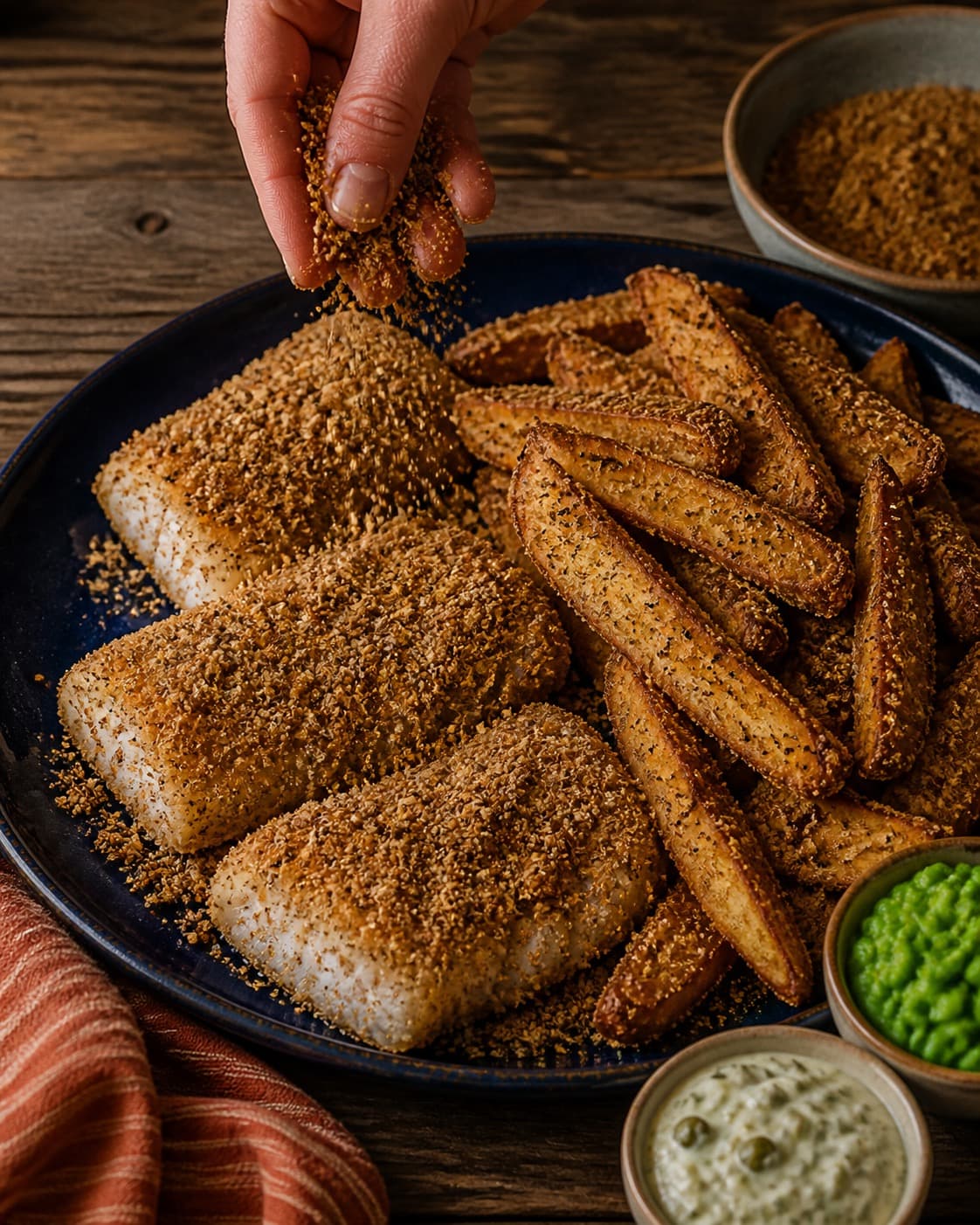 torskestykker og kartoffelstave dækkes jævnt med rug-ølpaneringen under tilberedningen af fish and chips med rugpanering og ærte-tatare