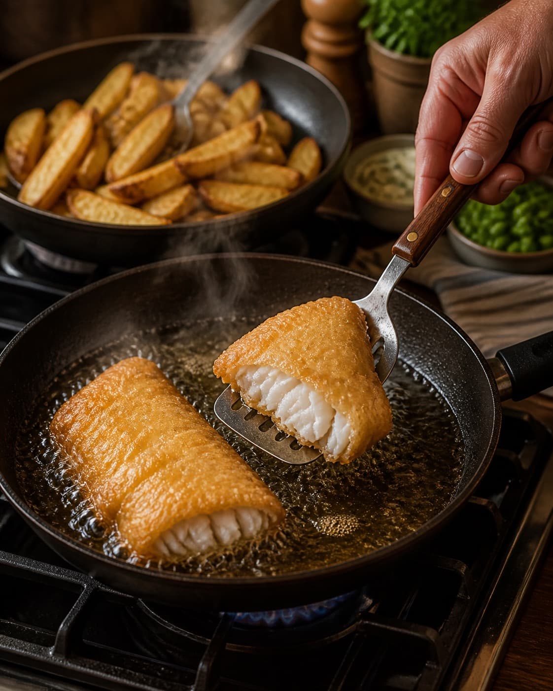 fish and chips tilberedes gyldent i små adskilte hold under tilberedningen af fish and chips med rugpanering og ærte-tatare