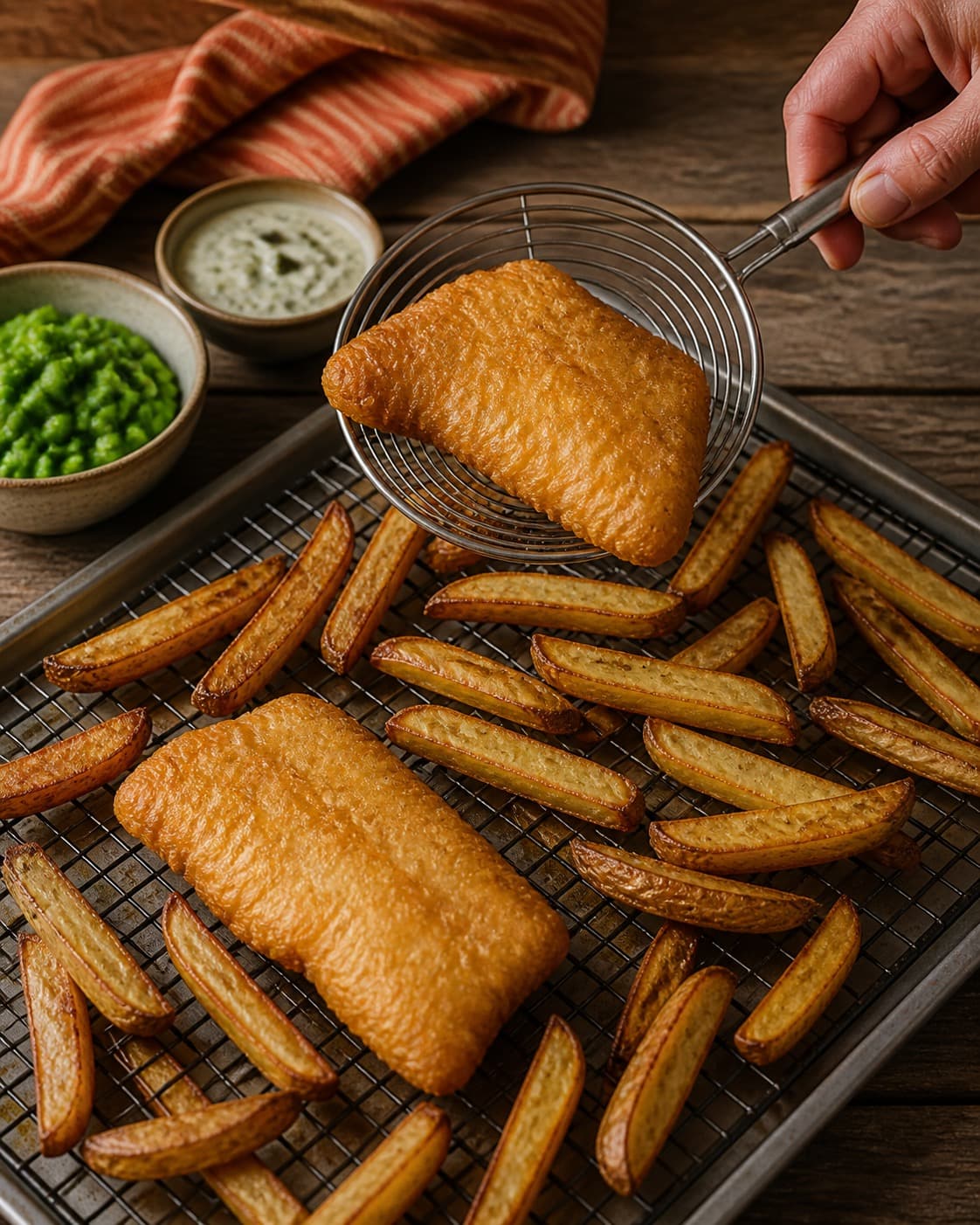 fish and chips drypper af i ét lag på en rist under tilberedningen af fish and chips med rugpanering og ærte-tatare