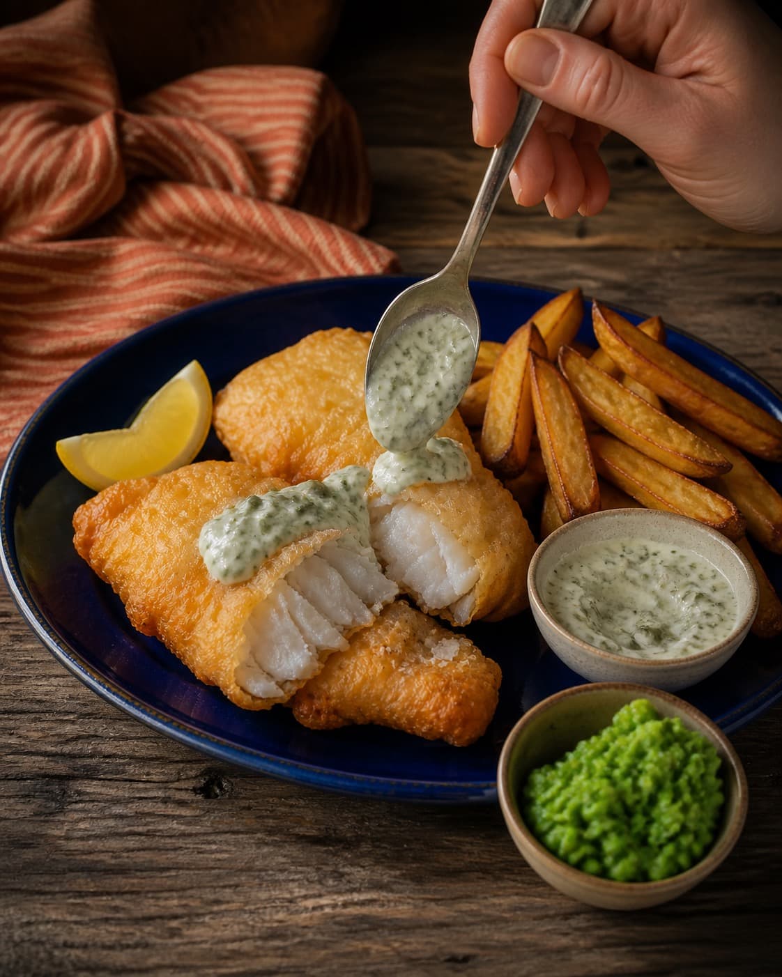 fish and chips serveres varmt ved siden af ærte-tataren under tilberedningen af fish and chips med rugpanering og ærte-tatare