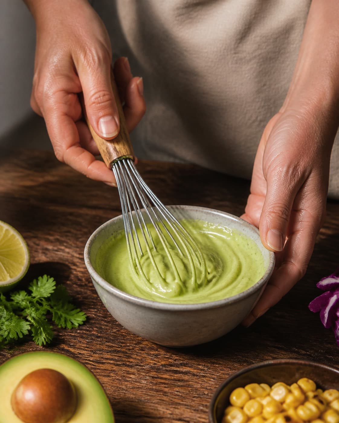 avocado-limedressingen piskes blank i en lille skål under tilberedningen af rejetacos med hvidløg, majssalsa og sprød kål