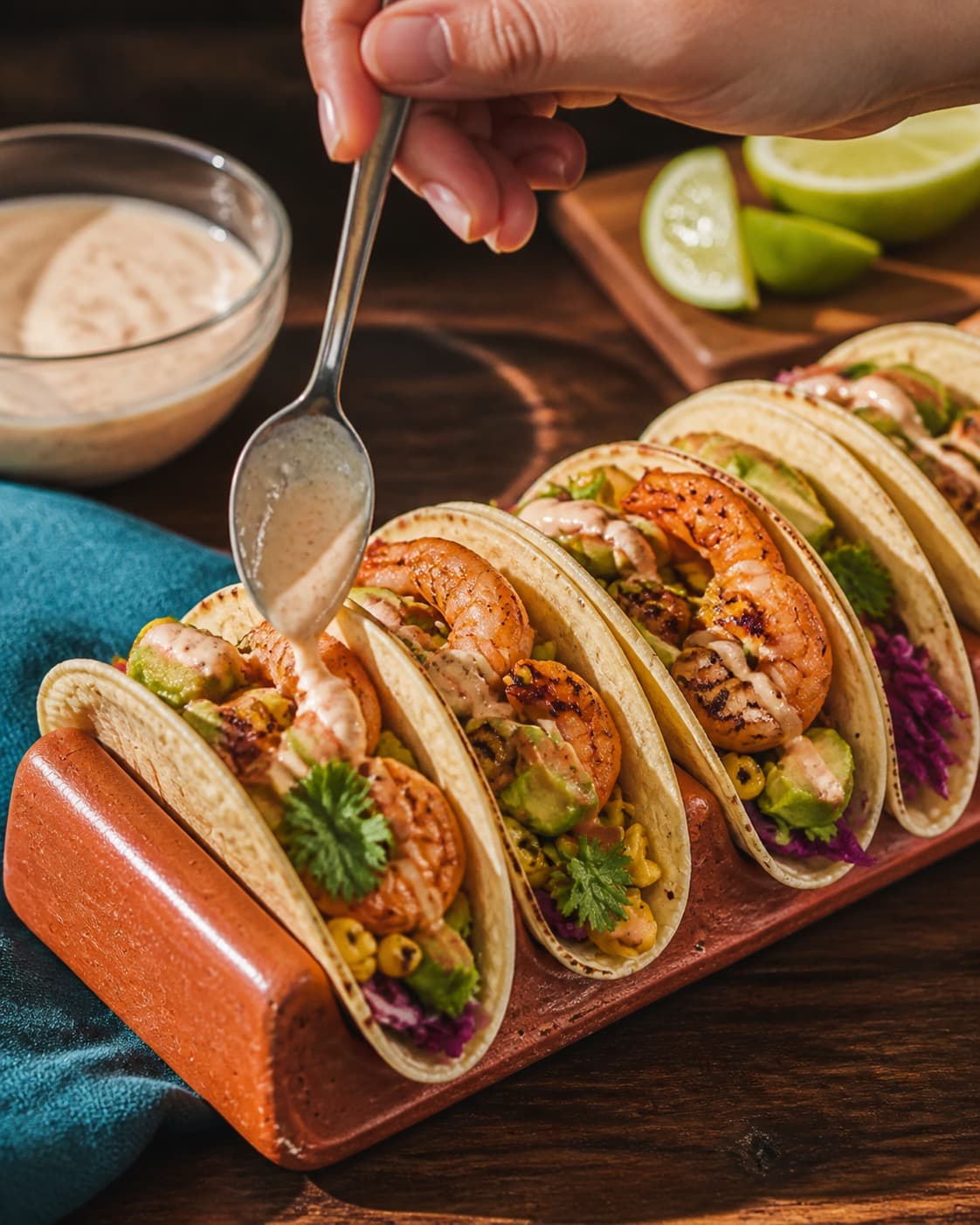 rejetacosene vendes nænsomt med avocado-limedressingen under tilberedningen af rejetacos med hvidløg, majssalsa og sprød kål