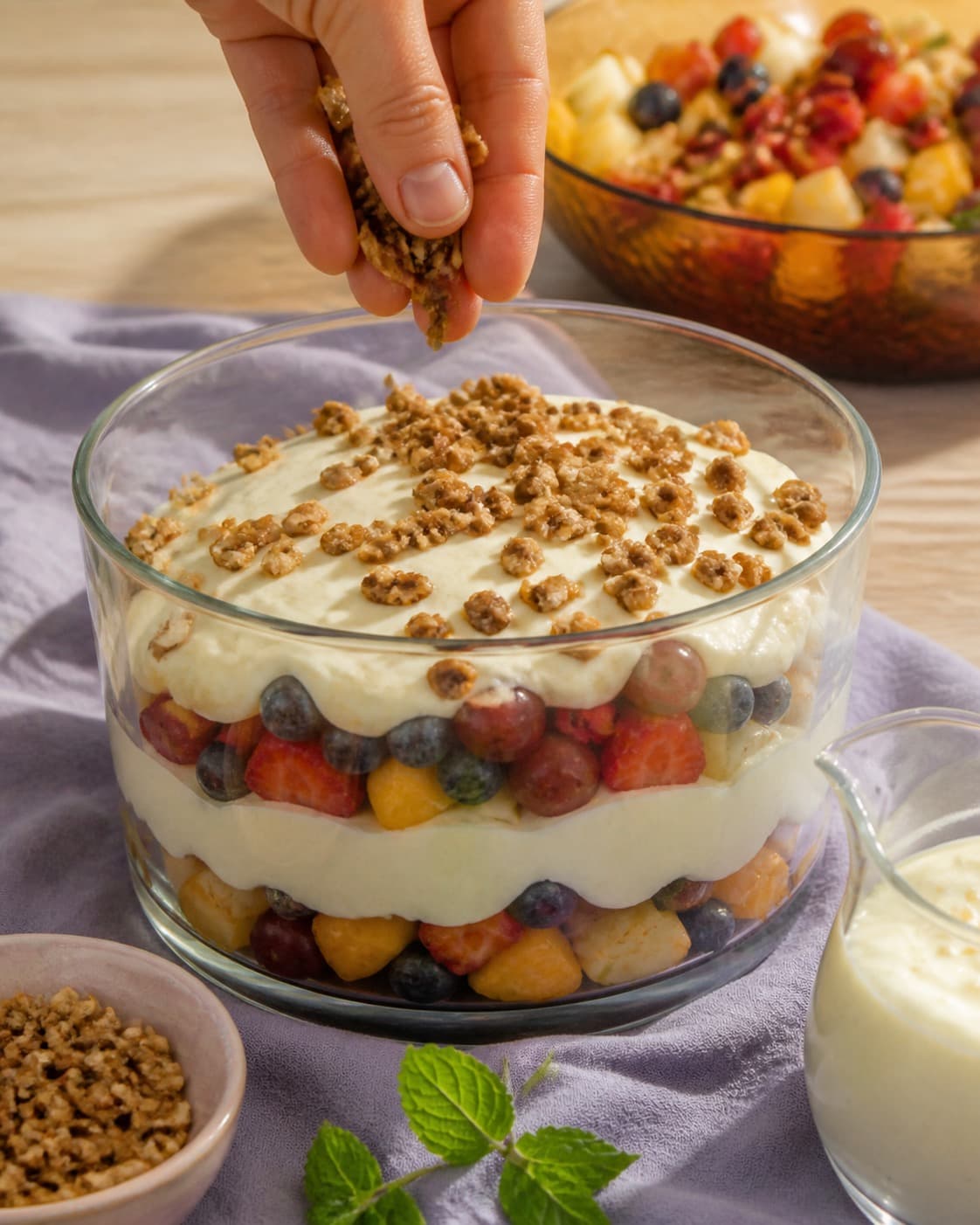 frugtsalaten bygges i tydelige lag af frugt creme og knas under tilberedningen af frugtsalat med citrus-råcreme og mandelknas