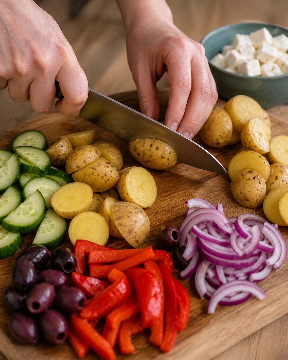 lune kartofler, peberfrugt, oliven og agurk klargøres ensartet til den græske kartoffelsalat under tilberedningen af græsk kartoffelsalat med feta, peberfrugt og kapers