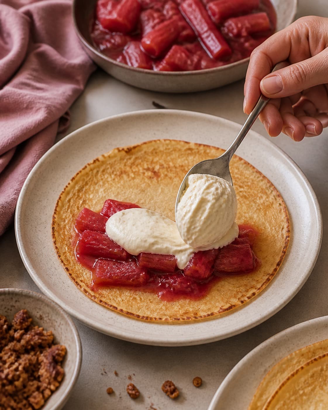 kardemommepandekagerne med rabarberis bygges i tydelige lag af frugt creme og knas under tilberedningen af kardemommepandekager med rabarberis