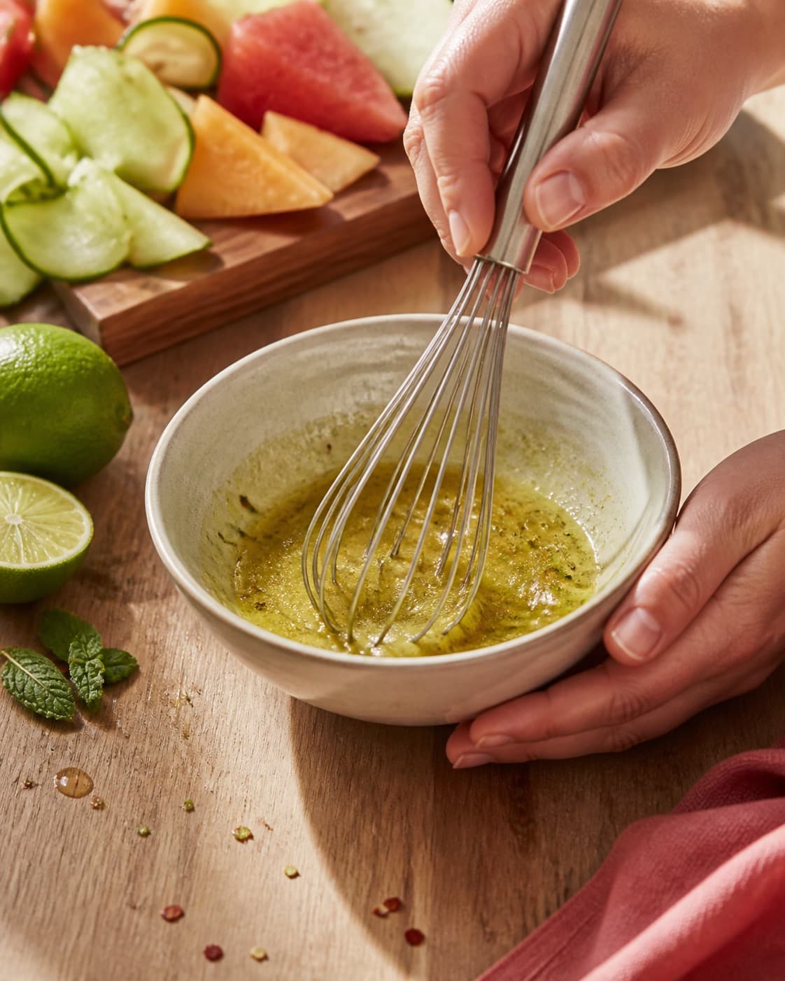 lime-chilidressingen piskes blank i en lille skål under tilberedningen af melonsalat med chili, mynte, feta og græskarkerner