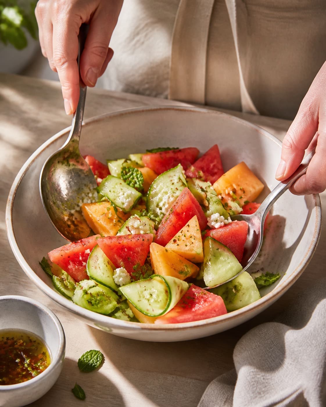 melonsalaten vendes nænsomt med lime-chilidressingen under tilberedningen af melonsalat med chili, mynte, feta og græskarkerner