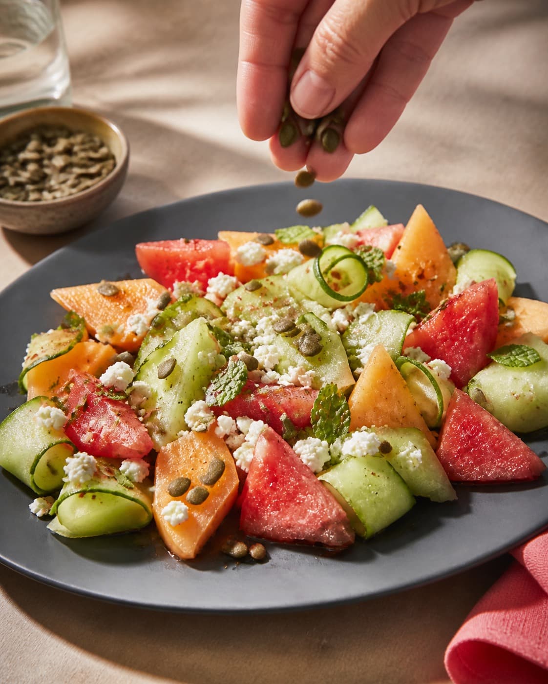 melonsalaten anrettes luftigt med feta, mynte og græskarkerner under tilberedningen af melonsalat med chili, mynte, feta og græskarkerner