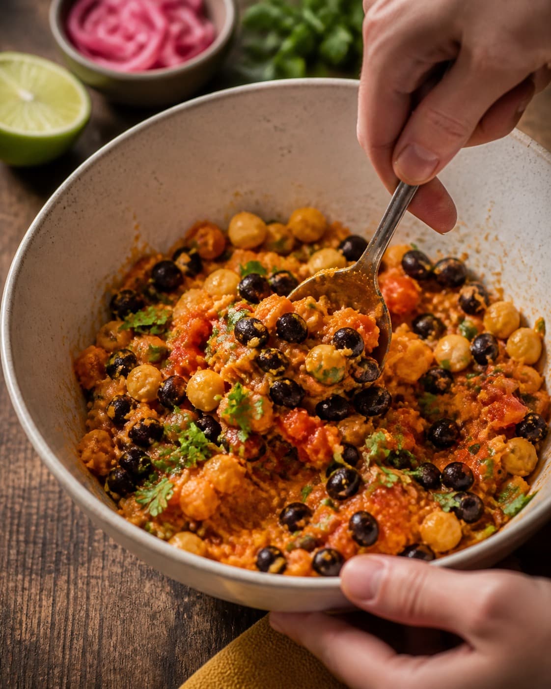 de hele prikkede søde kartofler samles nænsomt til de fyldte søde kartofler i en røreskål under tilberedningen af fyldte søde kartofler med bønner og tomatsalsa