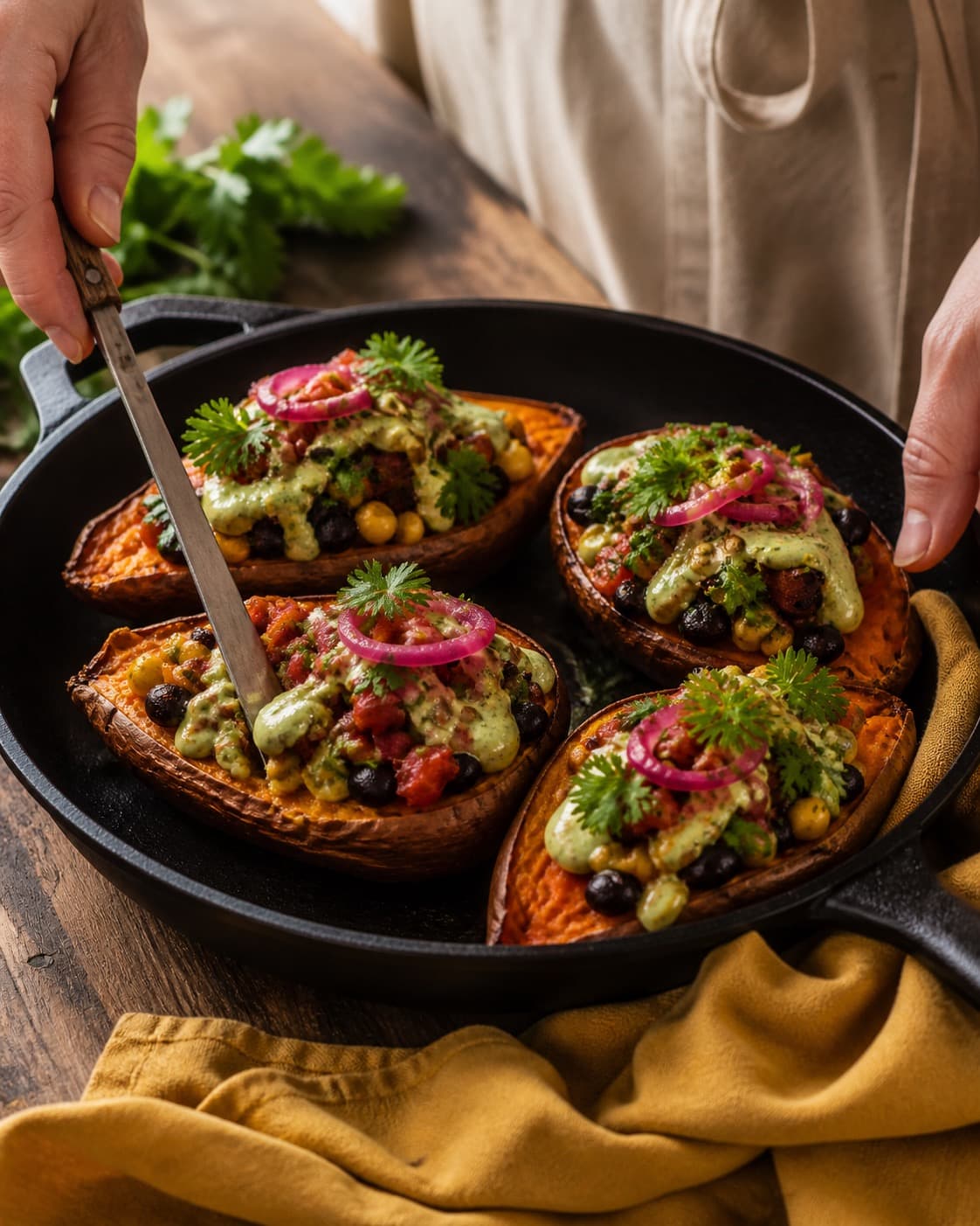 de fyldte søde kartofler bager gylden i formen med synlig fast midte under tilberedningen af fyldte søde kartofler med bønner og tomatsalsa