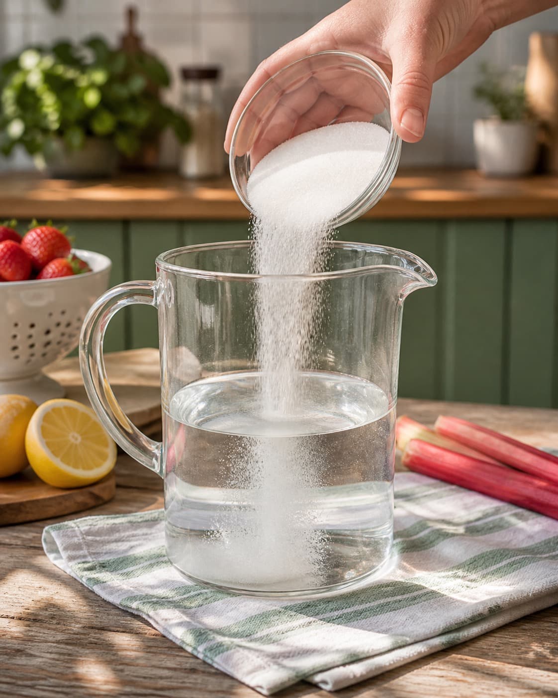vand og sukker måles og opløses til klar lage under tilberedningen af rabarberlemonade med jordbær og estragon