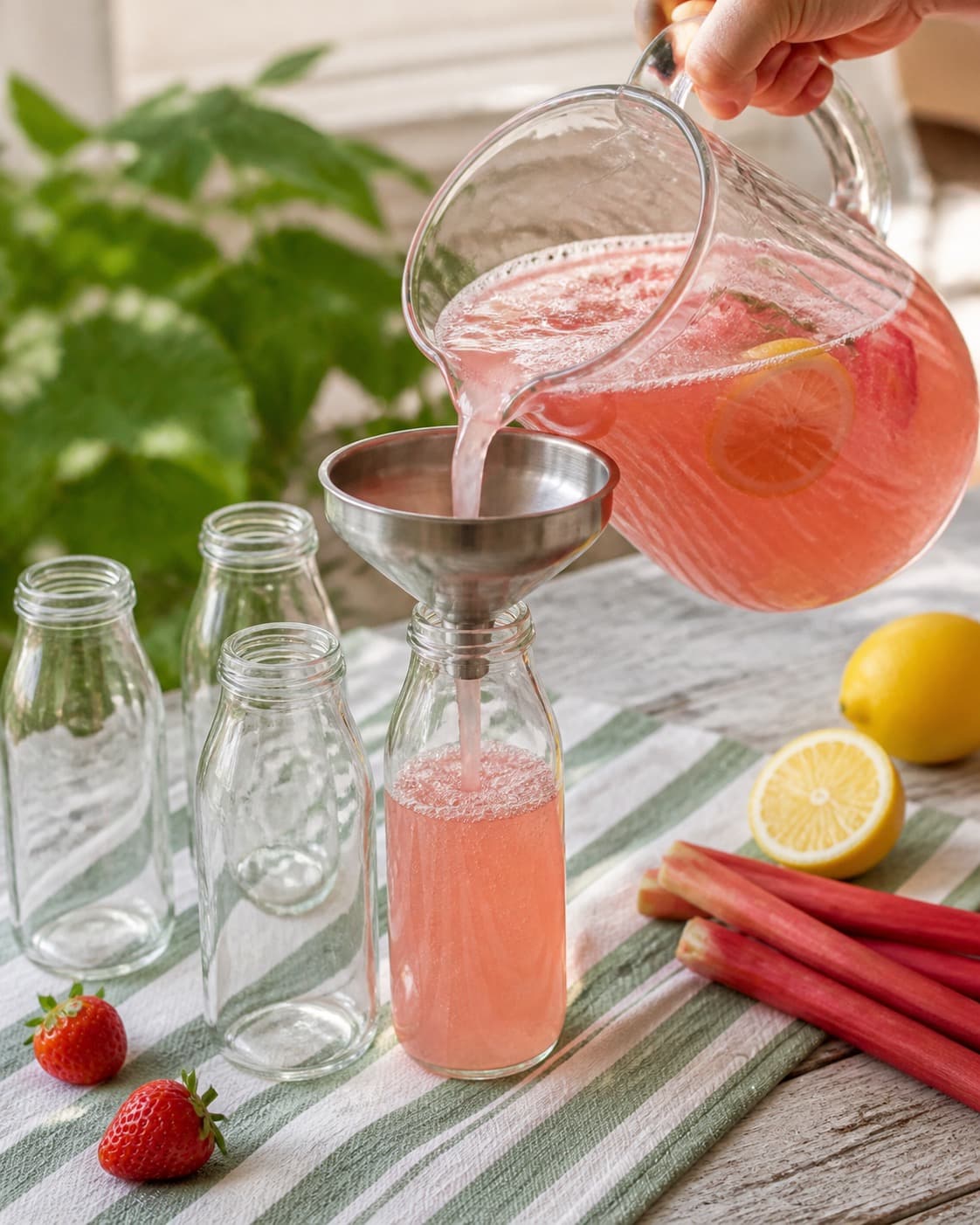 rabarberlemonadebasen fyldes på rene glas med tragt under tilberedningen af rabarberlemonade med jordbær og estragon