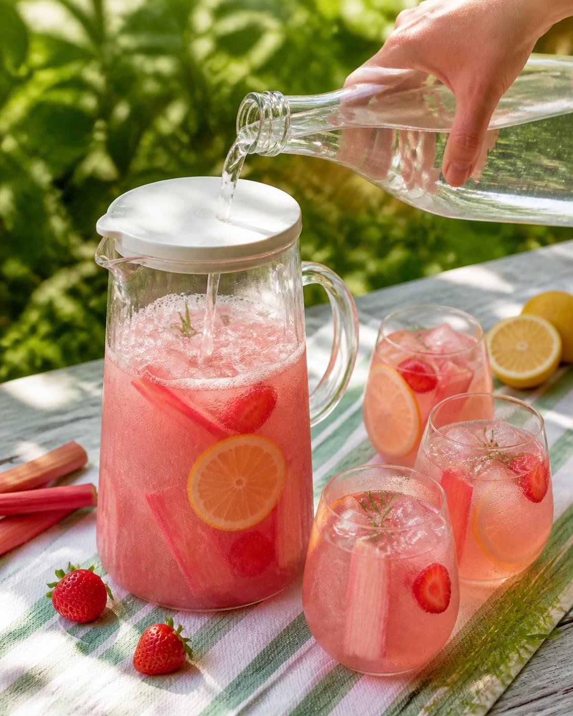 rabarberlemonadebasen står lukket og tydeligt kold efter påfyldning under tilberedningen af rabarberlemonade med jordbær og estragon
