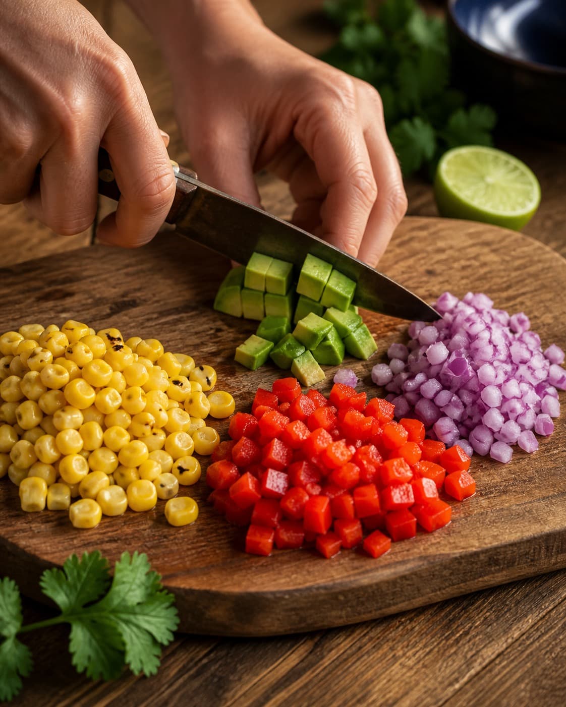 ristet majs, peberfrugt, rødløg og avocado klargøres ensartet til majssalsaen under tilberedningen af majssalsa med koriander, lime og ristet peberfrugt
