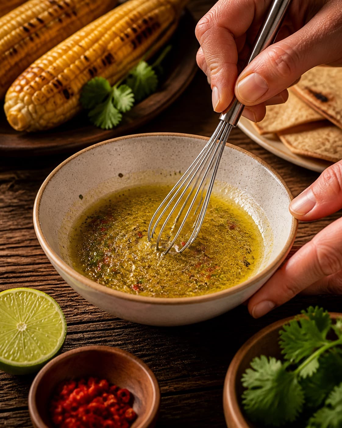 lime-chilidressingen piskes blank i en lille skål under tilberedningen af majssalsa med koriander, lime og ristet peberfrugt