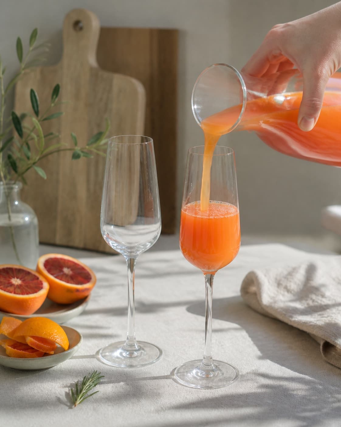 Kolde råvarer står klar til den alkoholfrie mimosa under tilberedningen af alkoholfri mimosa med blodappelsin og rosmarin