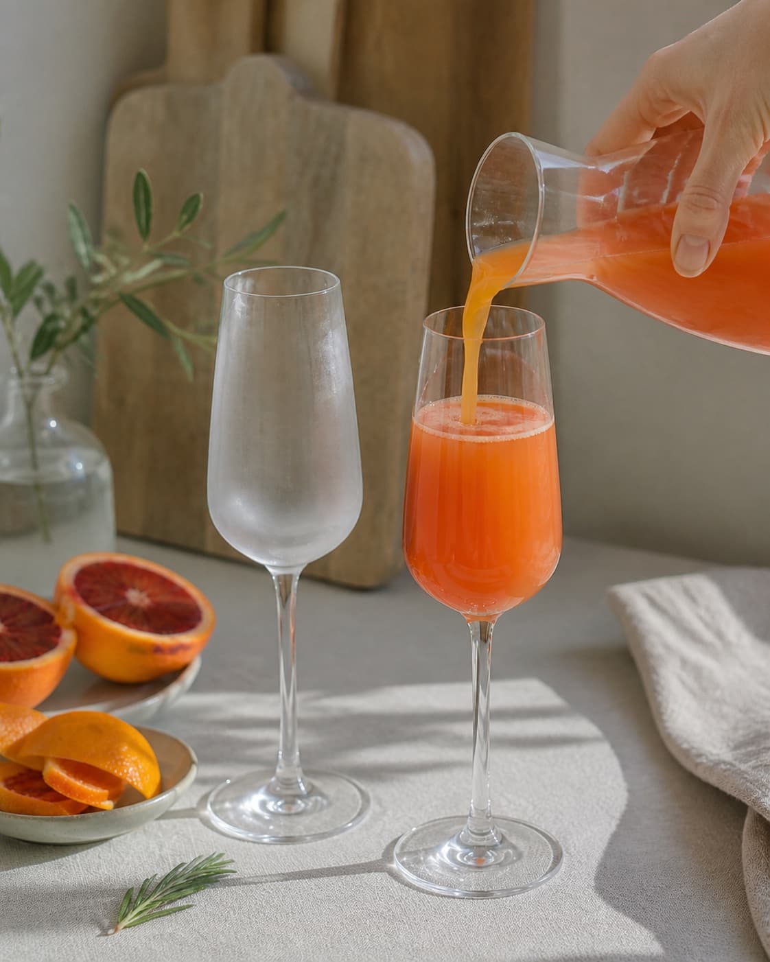 den alkoholfrie mimosa måles præcist i kolde glas under tilberedningen af alkoholfri mimosa med blodappelsin og rosmarin
