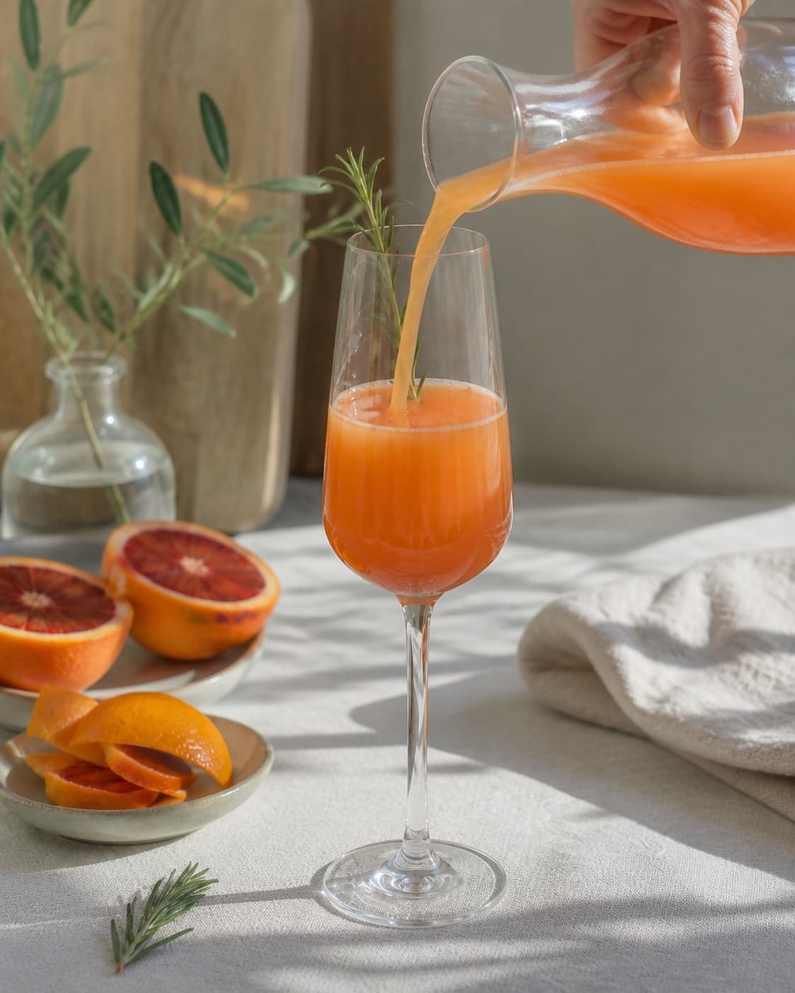 den alkoholfrie mimosa samles nænsomt i glasset under tilberedningen af alkoholfri mimosa med blodappelsin og rosmarin