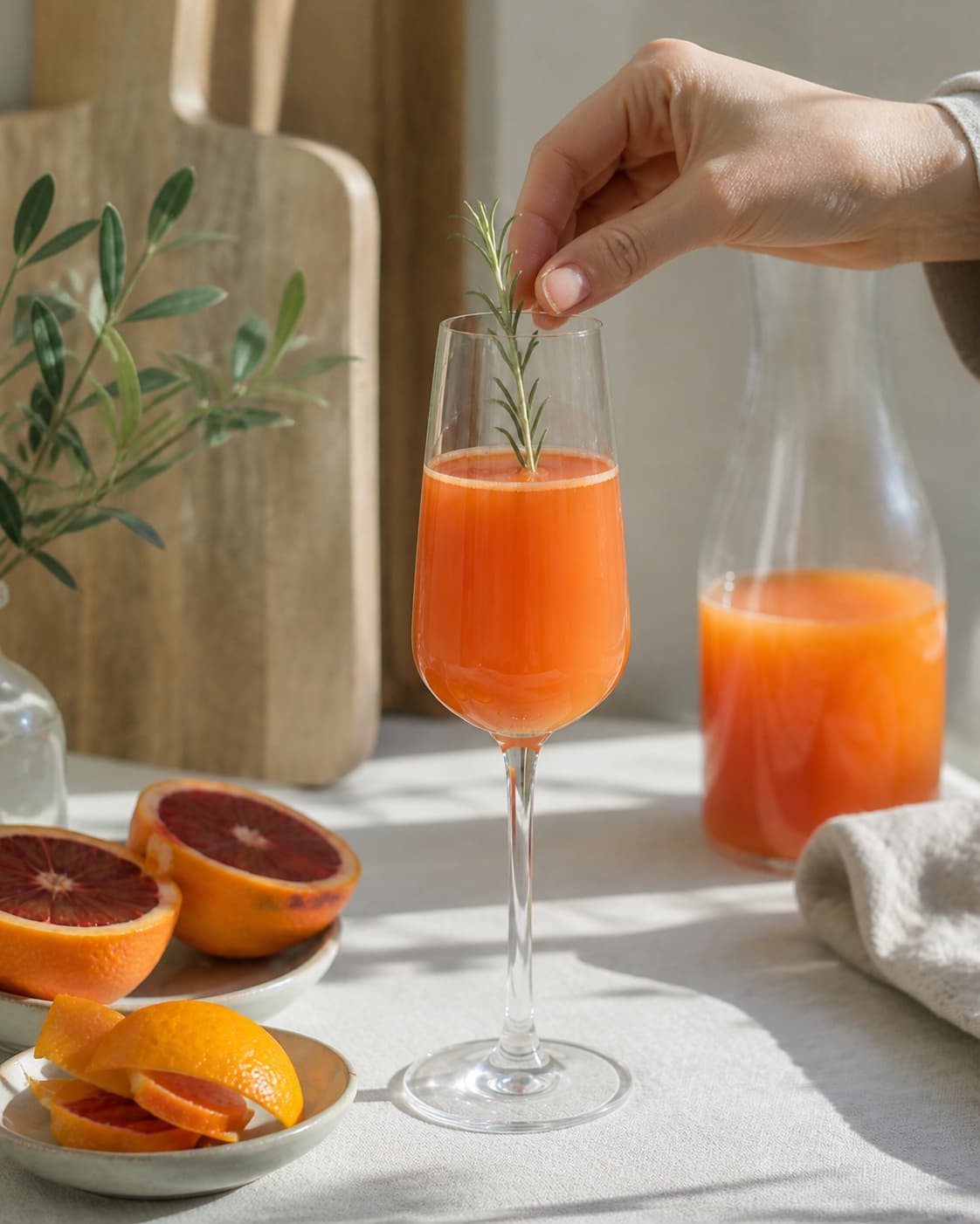 den alkoholfrie mimosa serveres iskold med en kort rosmarinkvist under tilberedningen af alkoholfri mimosa med blodappelsin og rosmarin