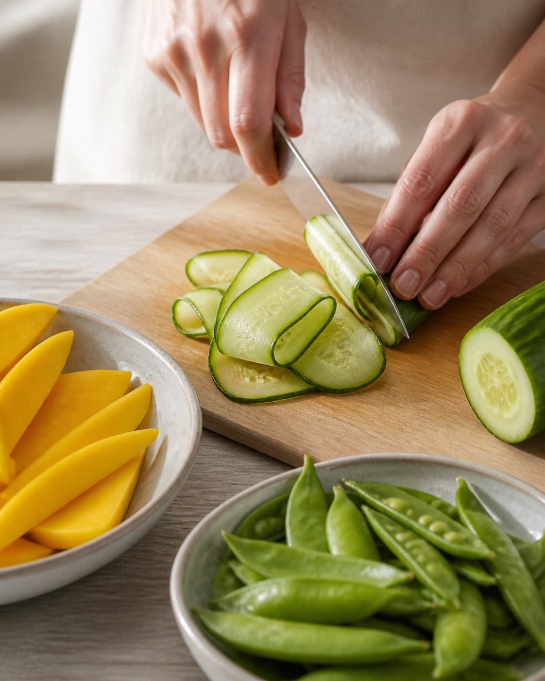 mango, agurk og sukkerærter klargøres ensartet til mangosalaten under tilberedningen af mangosalat med ingefær, agurk og sesam