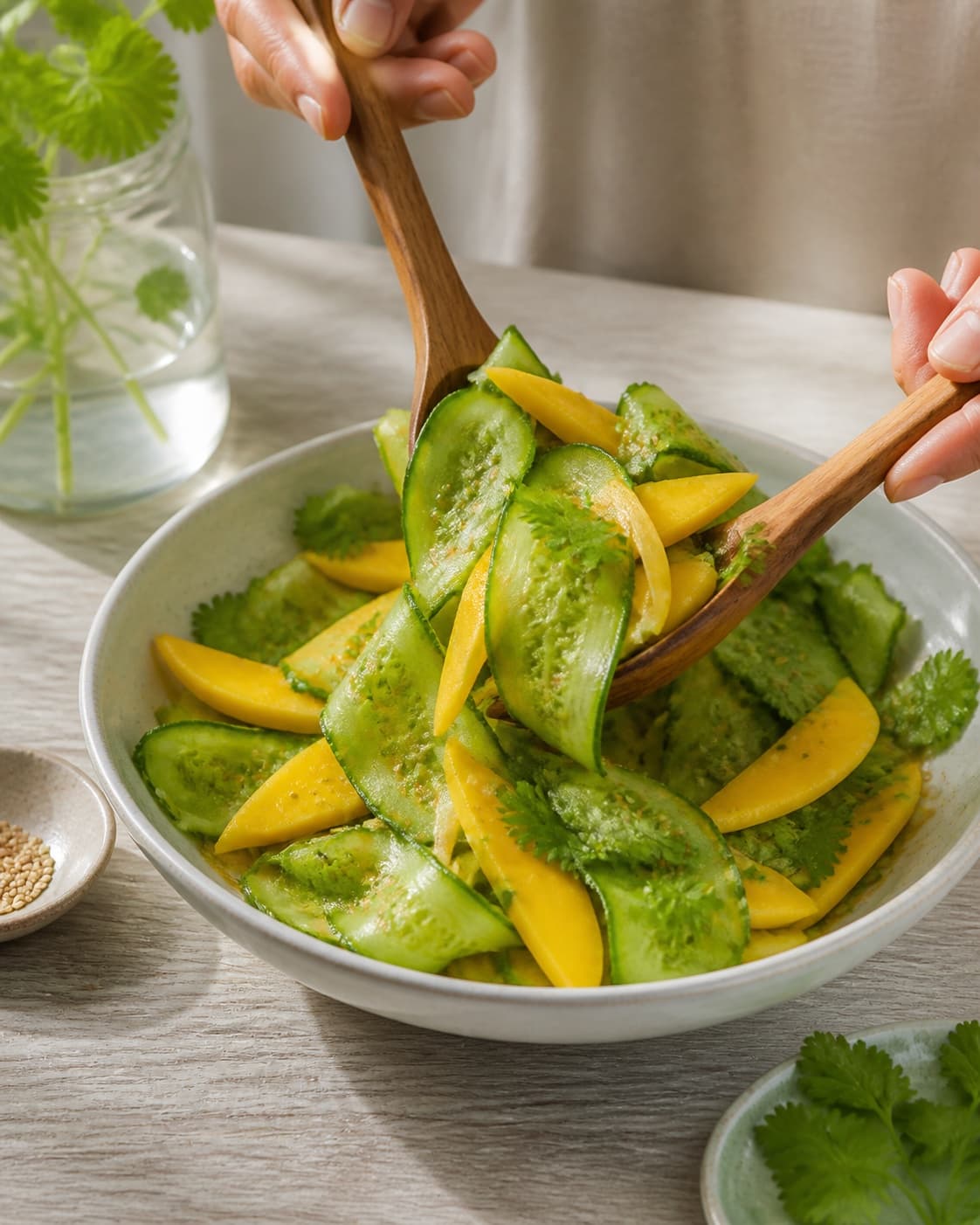 mangosalaten vendes nænsomt med ingefær-limedressingen under tilberedningen af mangosalat med ingefær, agurk og sesam