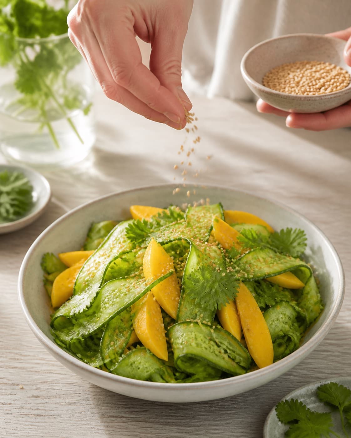 mangosalaten anrettes luftigt med ristet sesam og koriander under tilberedningen af mangosalat med ingefær, agurk og sesam