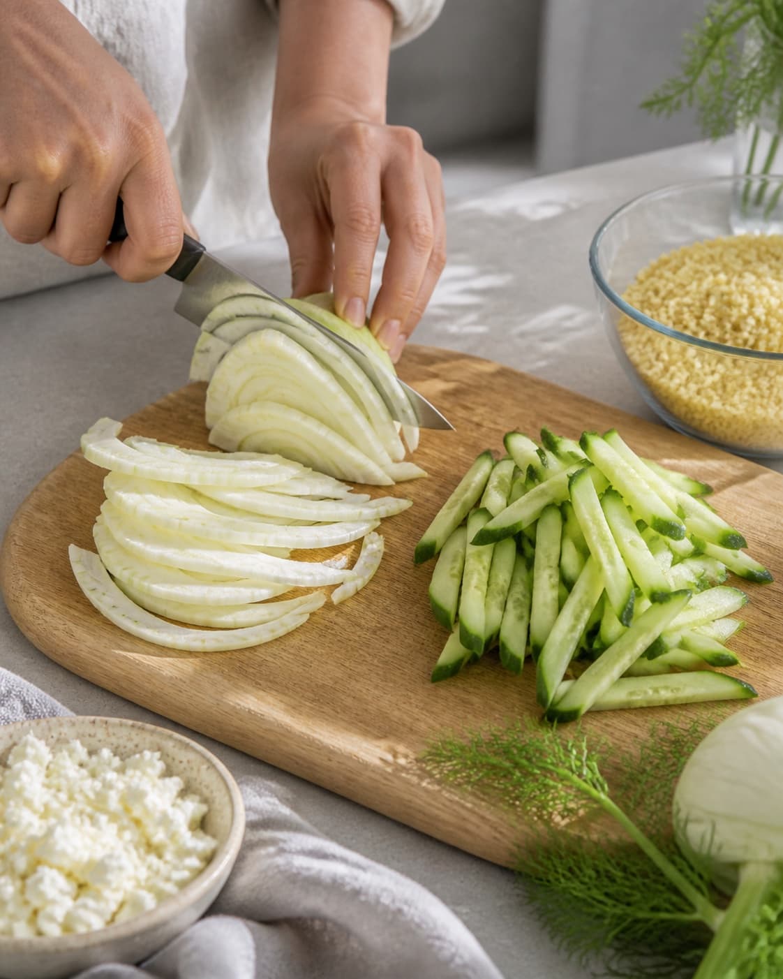 bulgur, fennikel og agurk klargøres ensartet til bulgursalaten under tilberedningen af grøn bulgursalat med feta, fennikel og citronurter