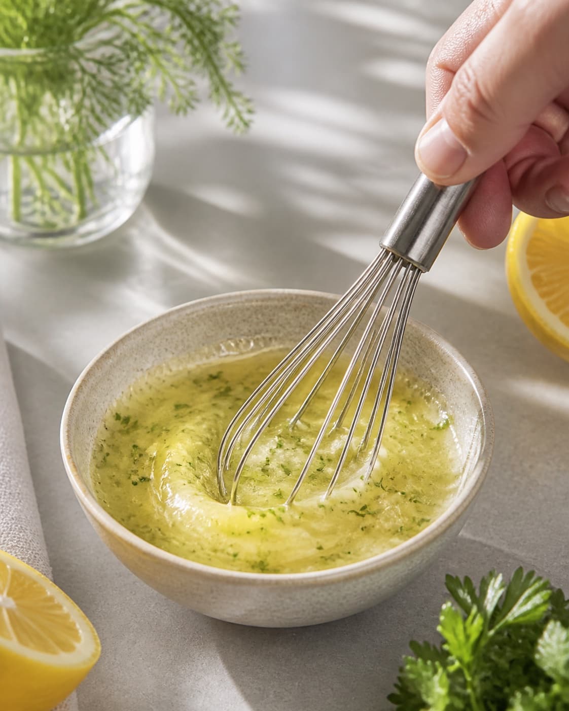 citron-urtedressingen piskes blank i en lille skål under tilberedningen af grøn bulgursalat med feta, fennikel og citronurter
