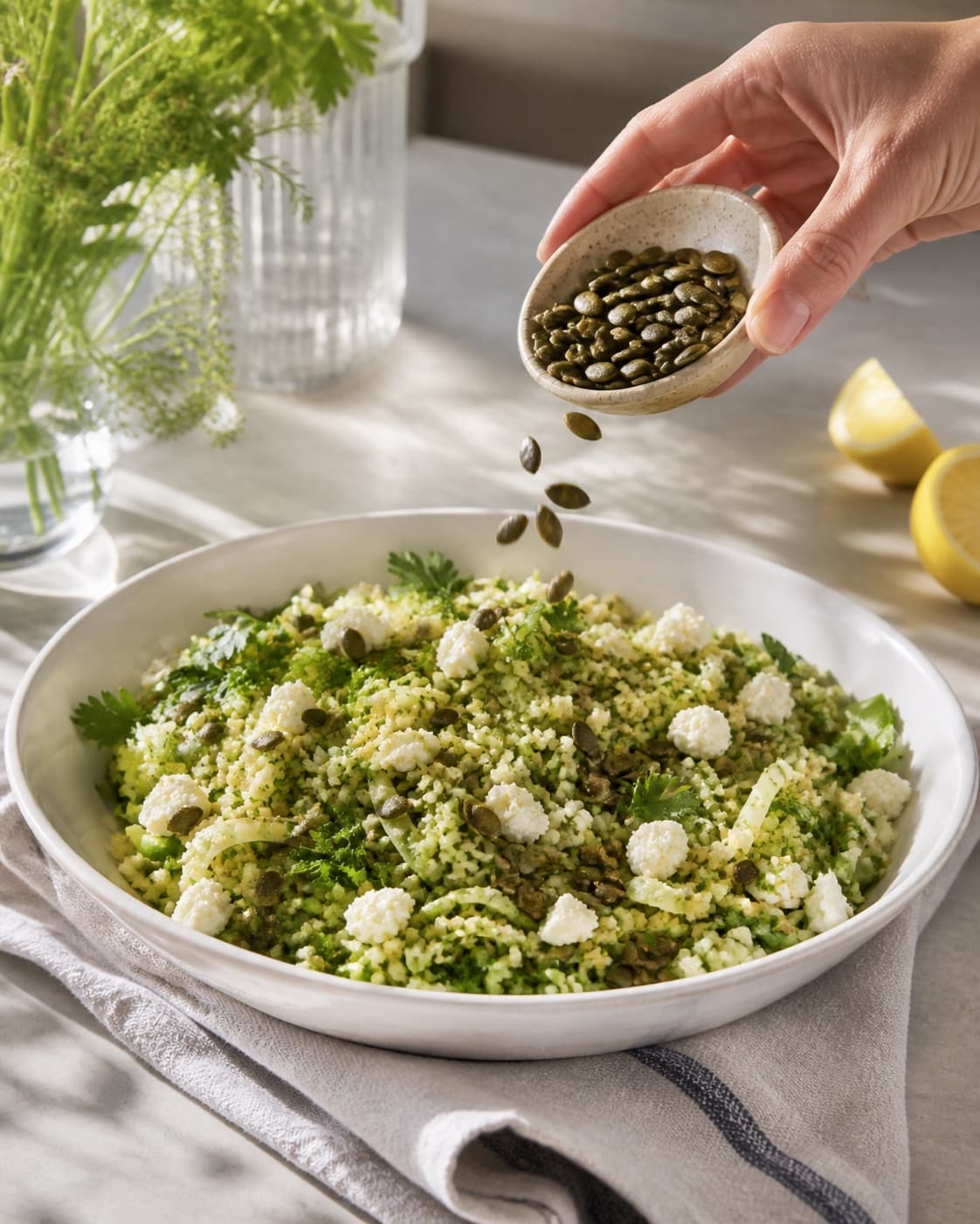bulgursalaten anrettes luftigt med feta og ristede græskarkerner under tilberedningen af grøn bulgursalat med feta, fennikel og citronurter
