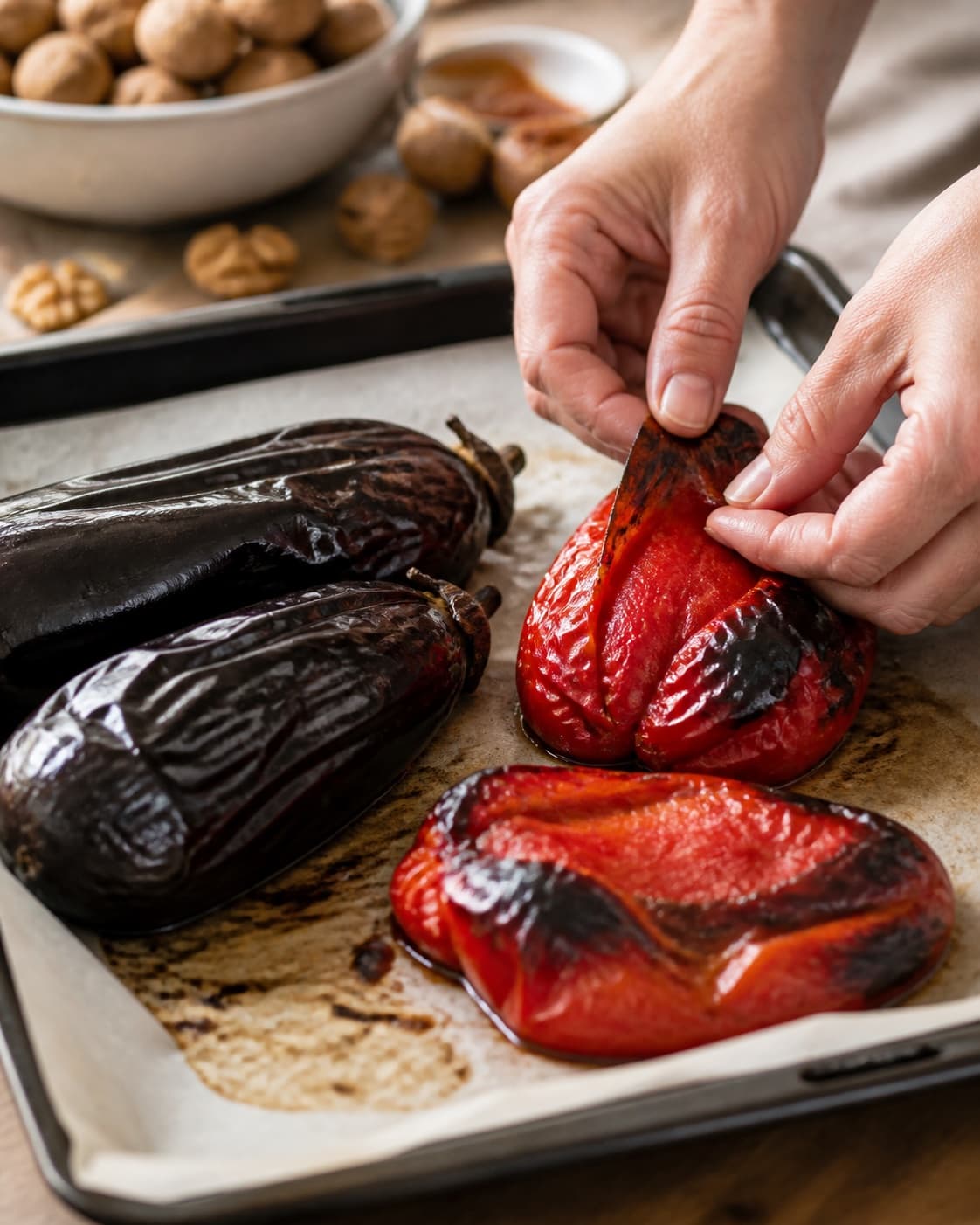 peberfrugt og aubergine klargøres ensartet til ajvaren under tilberedningen af ajvar med ristet peberfrugt, aubergine og valnød