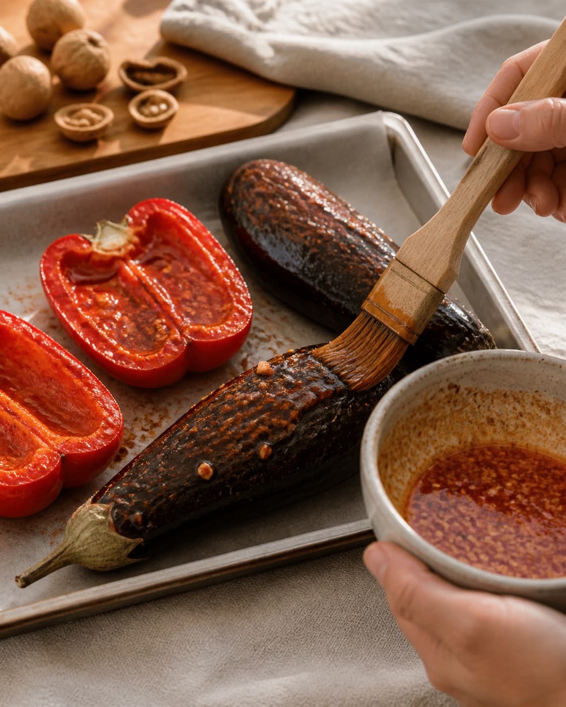 peberfrugt og aubergine pensles jævnt med hvidløg, olie og røget paprika under tilberedningen af ajvar med ristet peberfrugt, aubergine og valnød