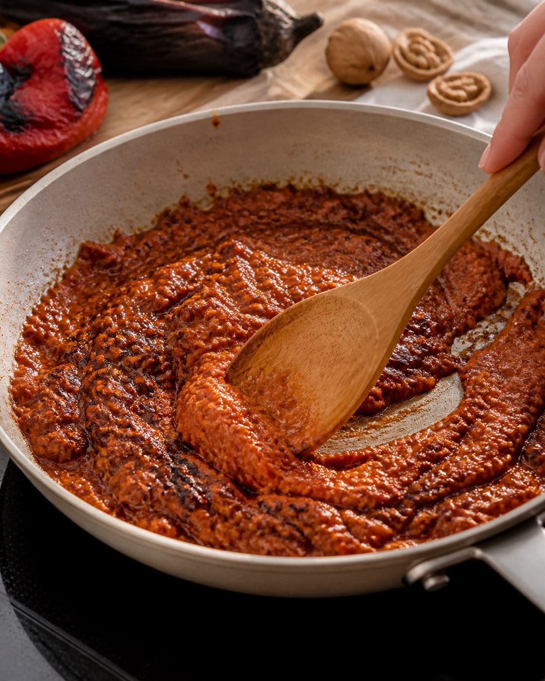 ajvaren steger gylden med tydelige karamelliserede kanter under tilberedningen af ajvar med ristet peberfrugt, aubergine og valnød