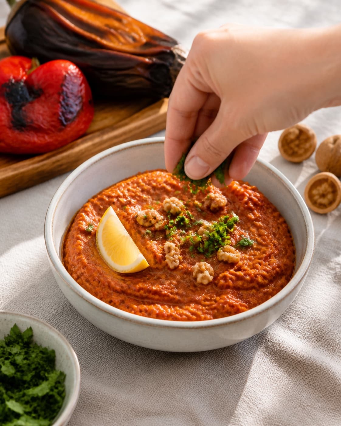 ajvaren anrettes med valnød, citron og persille under tilberedningen af ajvar med ristet peberfrugt, aubergine og valnød