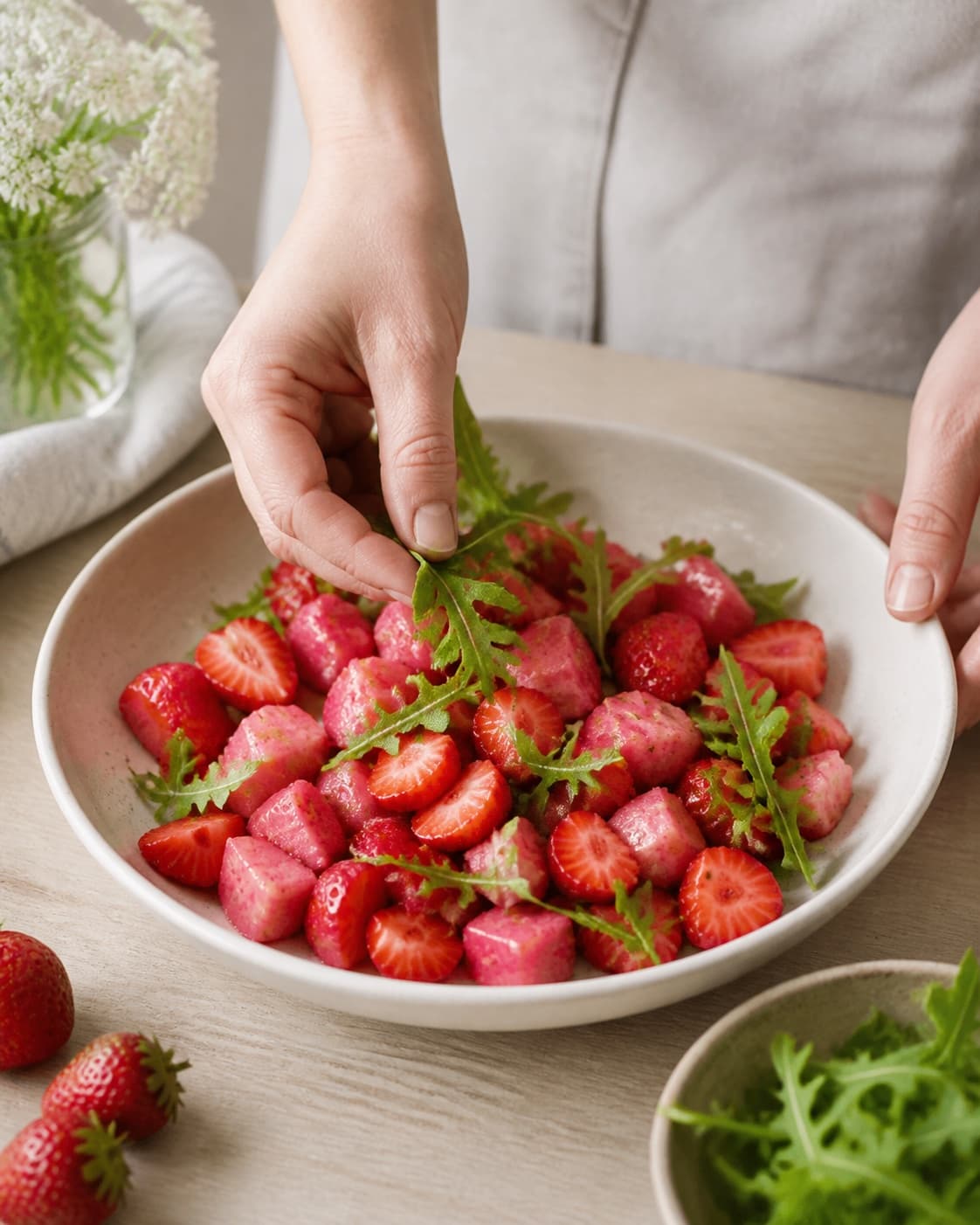 råmarineret rabarber, jordbær og rucola klargøres ensartet til rabarbersalaten under tilberedningen af rabarbersalat med jordbær, gedeost og rugknas