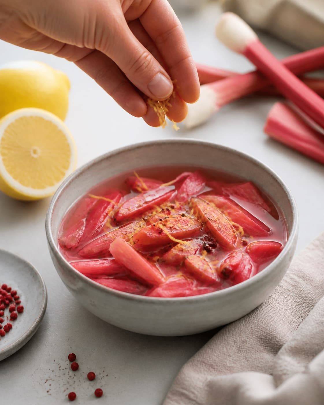 de råsyltede rabarber står koldt og afsluttes med frisk citronskal under tilberedningen af råsyltede rabarber med vanilje, citron og peber