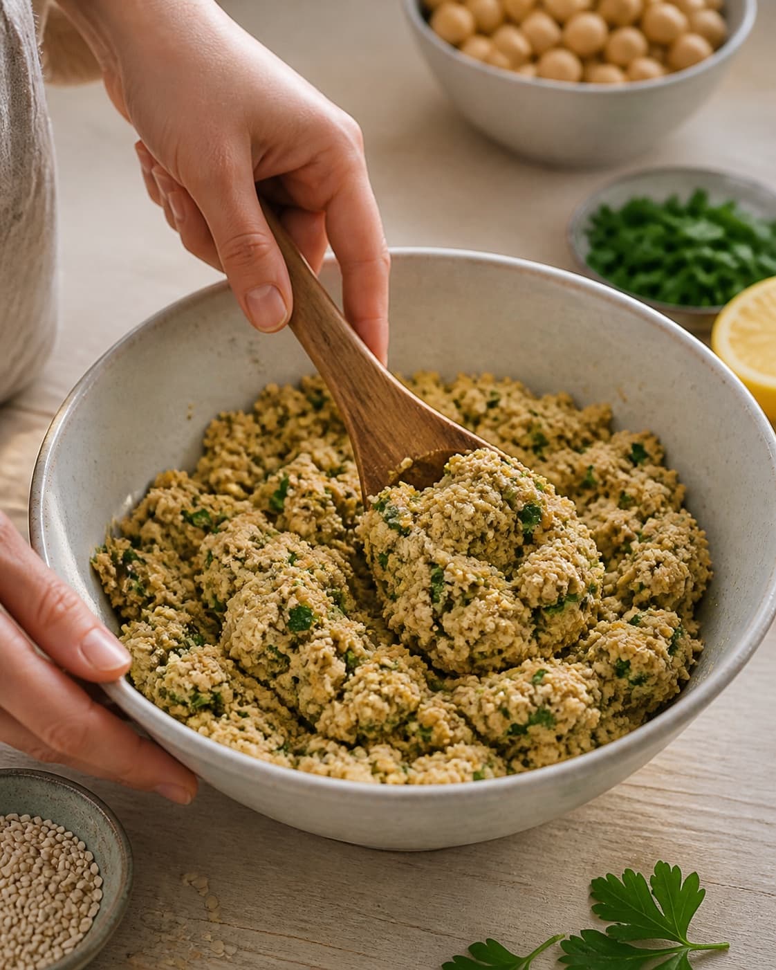 kikærtemassen med urter blandes til en fast masse til falaflerne under tilberedningen af kikærtefalafler med persille, citron og sesam