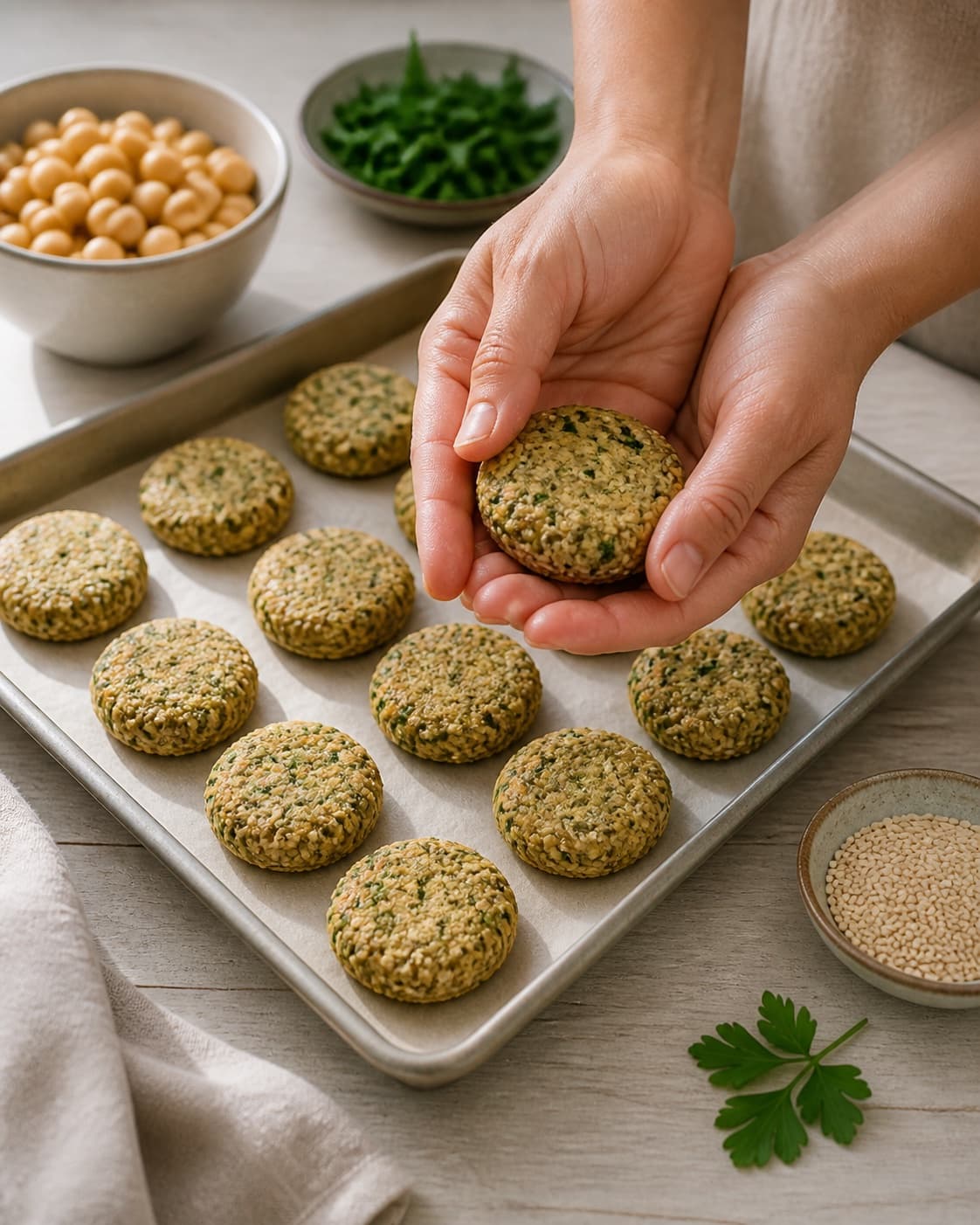 falaflerne formes i ens emner på en plade under tilberedningen af kikærtefalafler med persille, citron og sesam