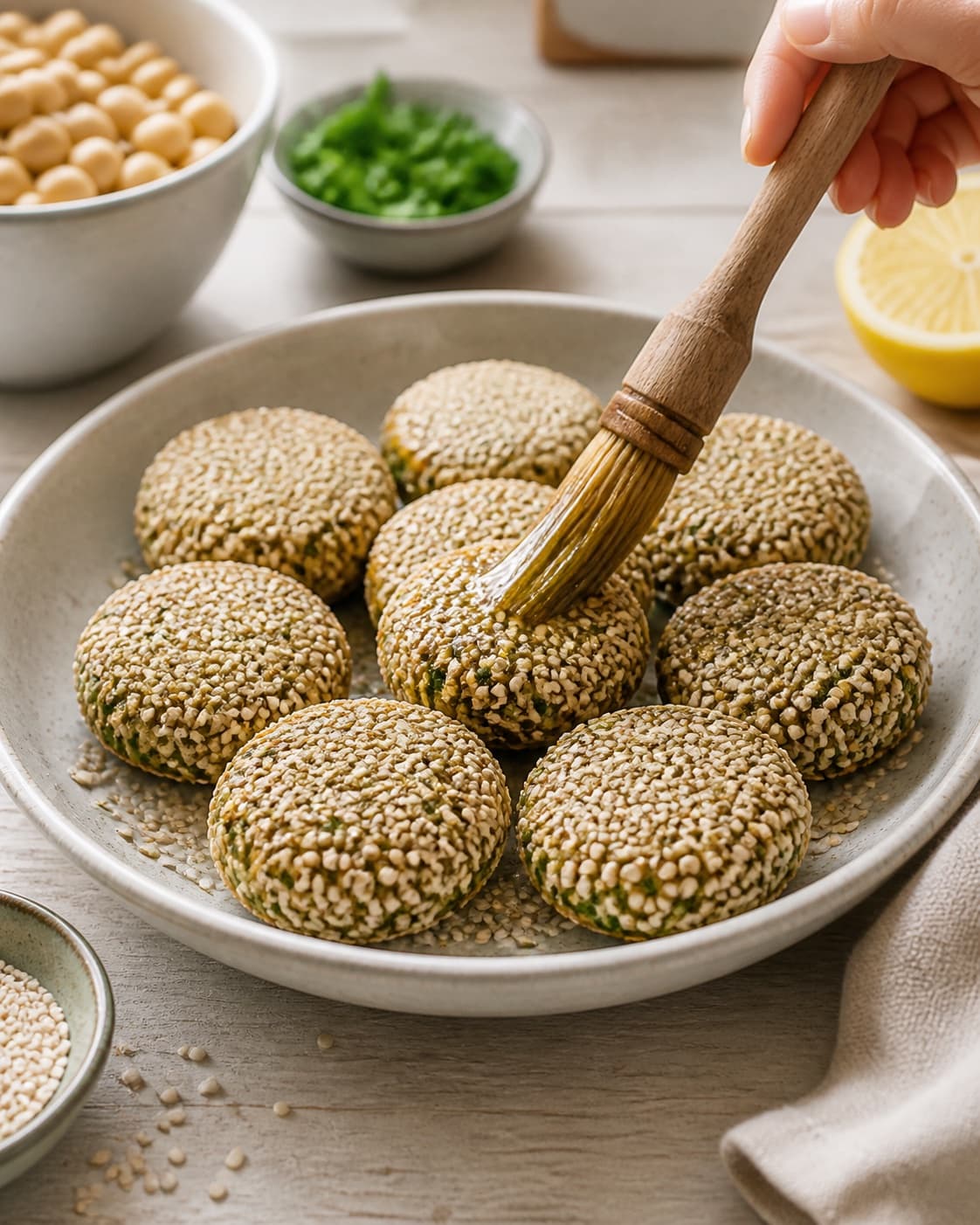 falaflerne dækkes jævnt med sesam og et tyndt olielag under tilberedningen af kikærtefalafler med persille, citron og sesam