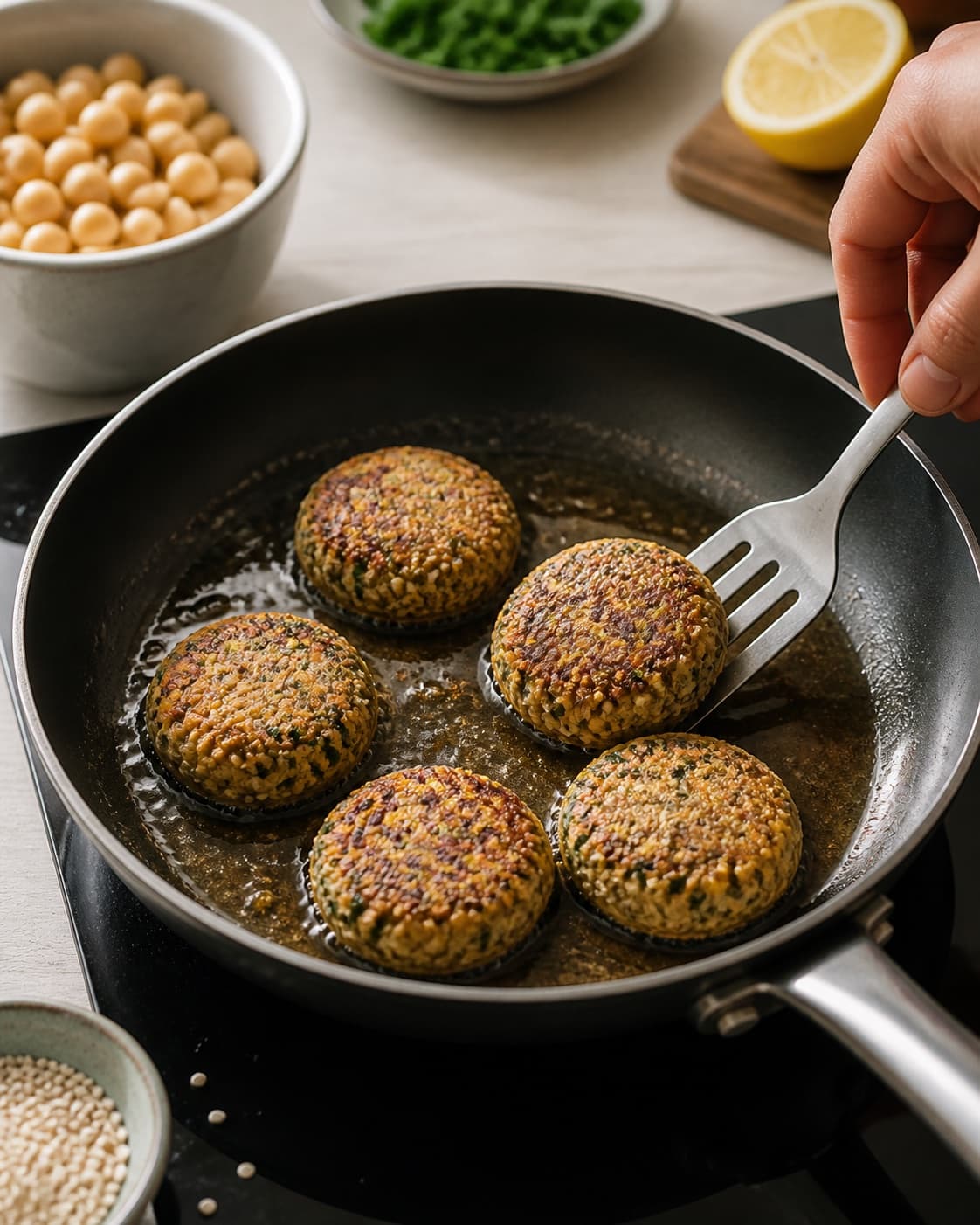 falaflerne steger gylden i små hold under tilberedningen af kikærtefalafler med persille, citron og sesam
