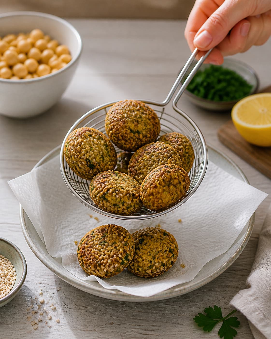 falaflerne afdrypper sprød før citron-tahindip og urter under tilberedningen af kikærtefalafler med persille, citron og sesam