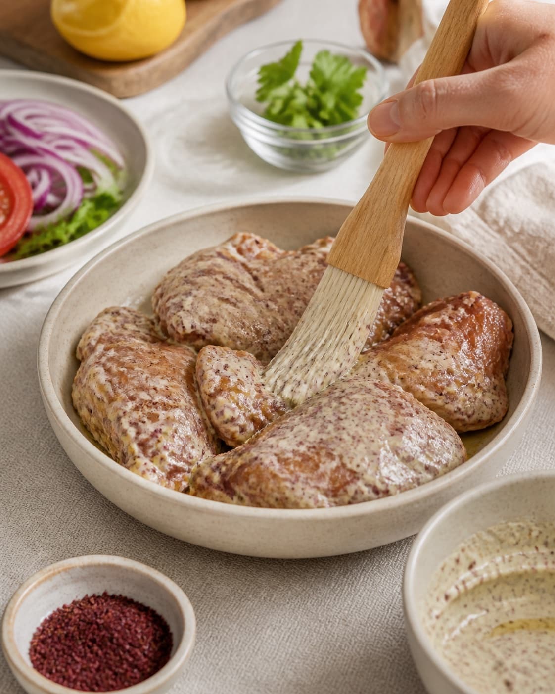 marinerede kyllingeoverlår pensles jævnt med yoghurt, citron, sumak og spidskommen under tilberedningen af krydret kyllingeshawarma med sumak og sprød kålsalat
